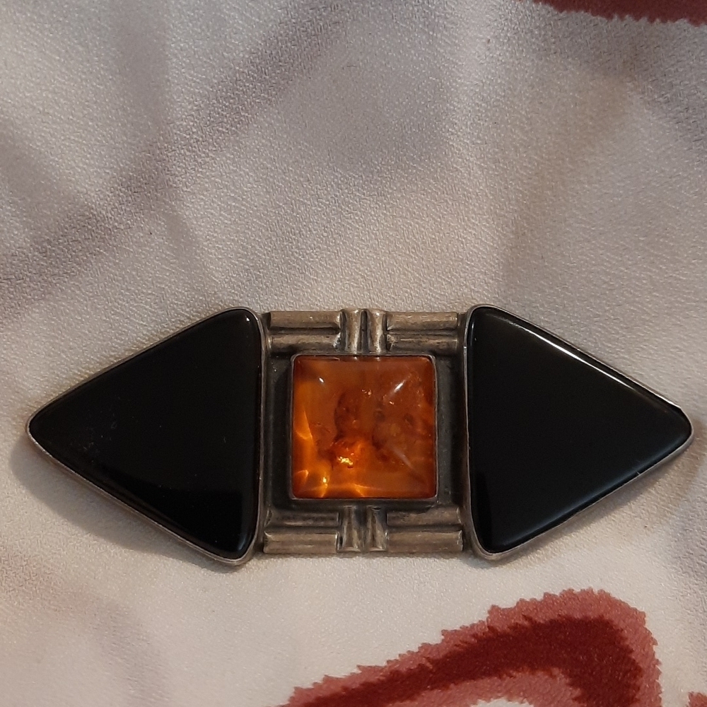 Gorgeous sterling silver Marked Onxy and Amber Brooch art deco large tribal boho